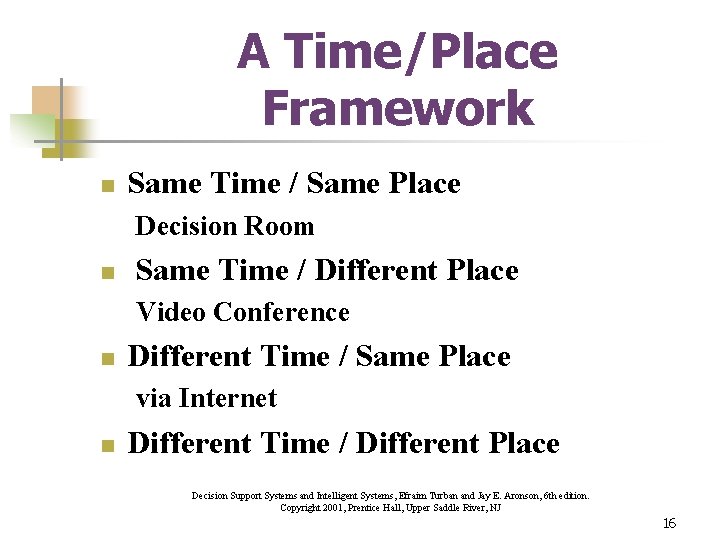 A Time/Place Framework n Same Time / Same Place Decision Room n Same Time