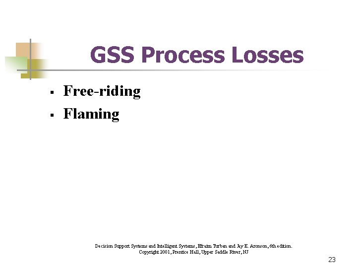 GSS Process Losses § § Free-riding Flaming Decision Support Systems and Intelligent Systems, Efraim