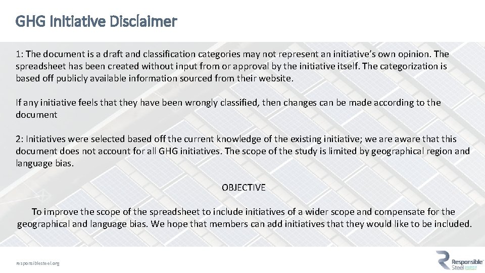 GHG Initiative Disclaimer 1: The document is a draft and classification categories may not