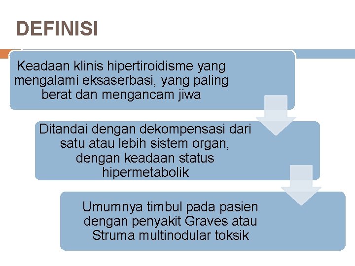 DEFINISI Keadaan klinis hipertiroidisme yang mengalami eksaserbasi, yang paling berat dan mengancam jiwa Ditandai DEFINISI Keadaan klinis hipertiroidisme yang mengalami eksaserbasi, yang paling berat dan mengancam jiwa Ditandai