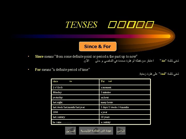 ����� � TENSES Since & For • Since means “from some definite point or