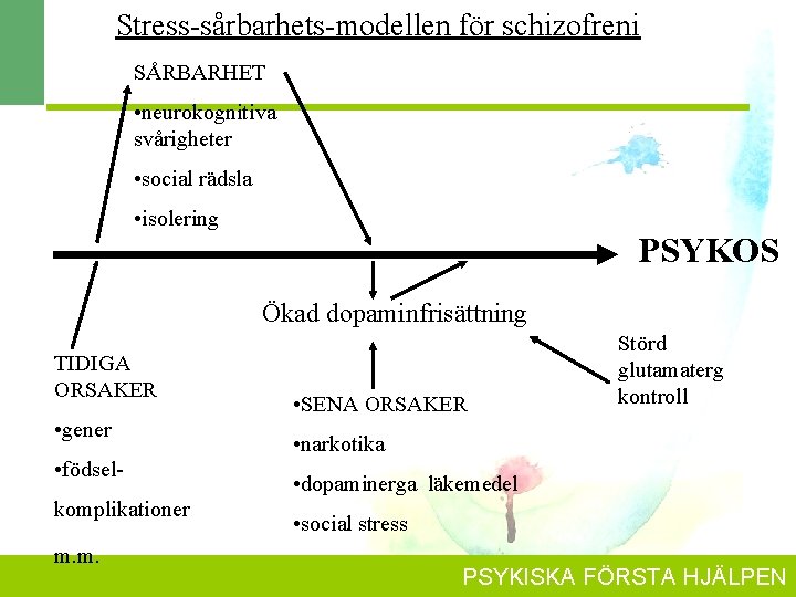 Stress-sårbarhets-modellen för schizofreni SÅRBARHET • neurokognitiva svårigheter • social rädsla • isolering PSYKOS Ökad