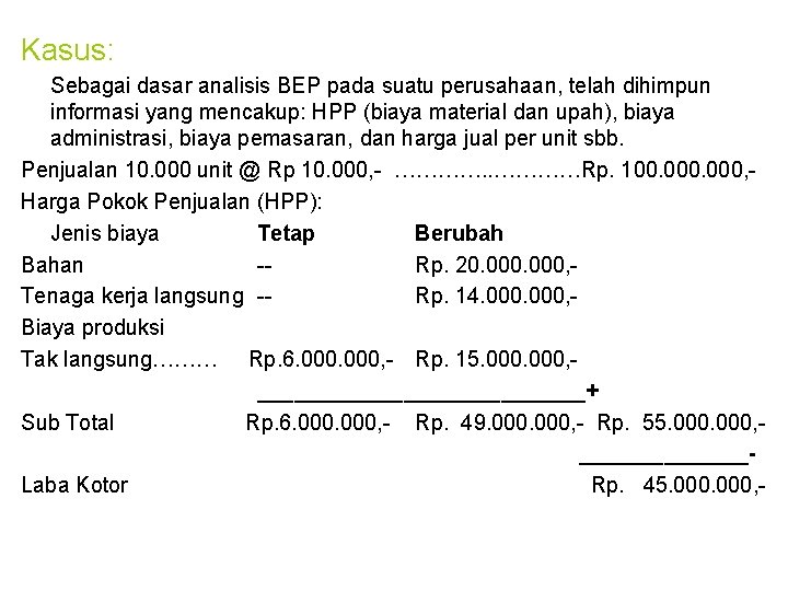 Kasus: Sebagai dasar analisis BEP pada suatu perusahaan, telah dihimpun informasi yang mencakup: HPP