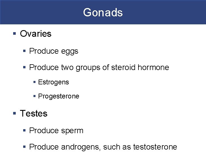 Gonads § Ovaries § Produce eggs § Produce two groups of steroid hormone §