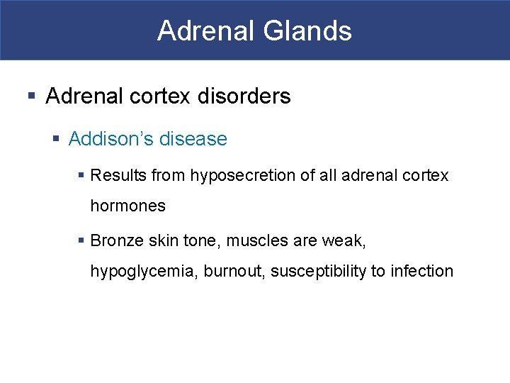 Adrenal Glands § Adrenal cortex disorders § Addison’s disease § Results from hyposecretion of