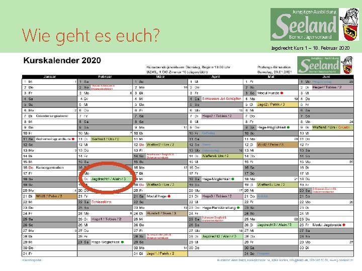 Wie geht es euch? Jagdrecht Kurs 1 – 18. Februar 2020 