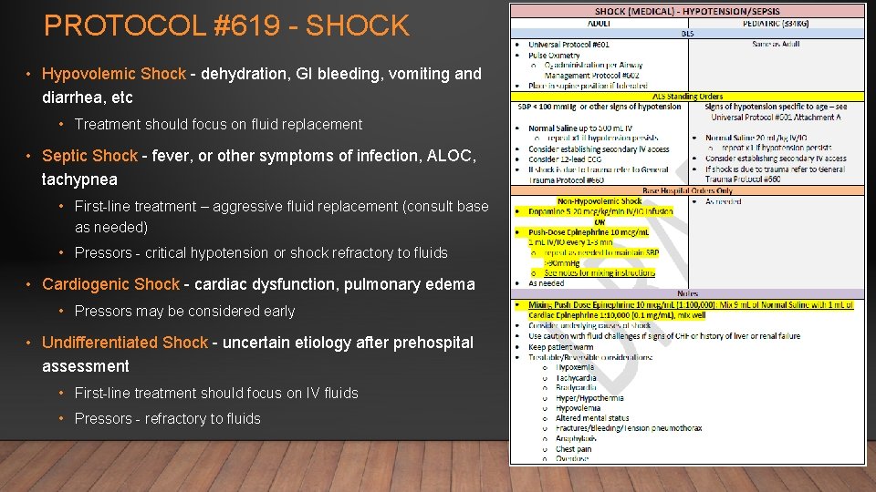 PROTOCOL #619 - SHOCK • Hypovolemic Shock - dehydration, GI bleeding, vomiting and diarrhea,