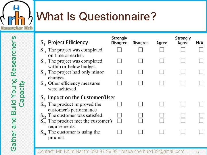 Gather and Build Young Researcher’s Capacity What Is Questionnaire? Contact: Mr. Khim Narith: 093