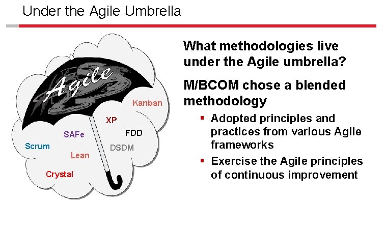 Under the Agile Umbrella What methodologies live under the Agile umbrella? Kanban XP SAFe