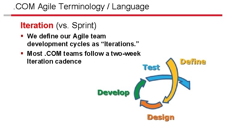 . COM Agile Terminology / Language Iteration (vs. Sprint) § We define our Agile