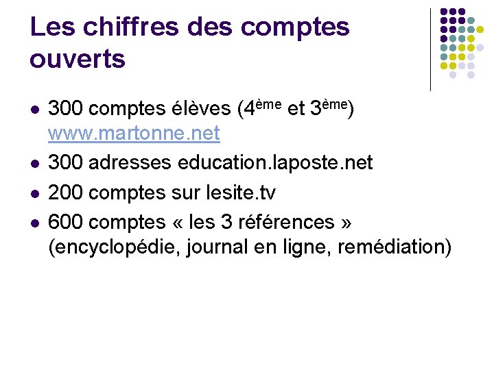 Les chiffres des comptes ouverts l l 300 comptes élèves (4ème et 3ème) www.