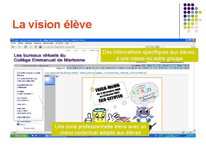 La vision élève Des informations spécifiques aux élèves, à une classe ou autre groupe