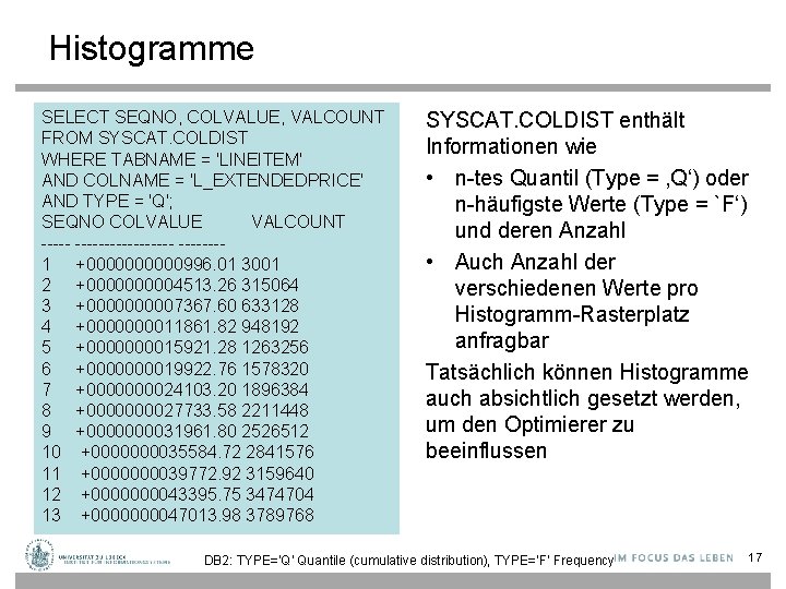 Histogramme SELECT SEQNO, COLVALUE, VALCOUNT FROM SYSCAT. COLDIST WHERE TABNAME = 'LINEITEM' AND COLNAME