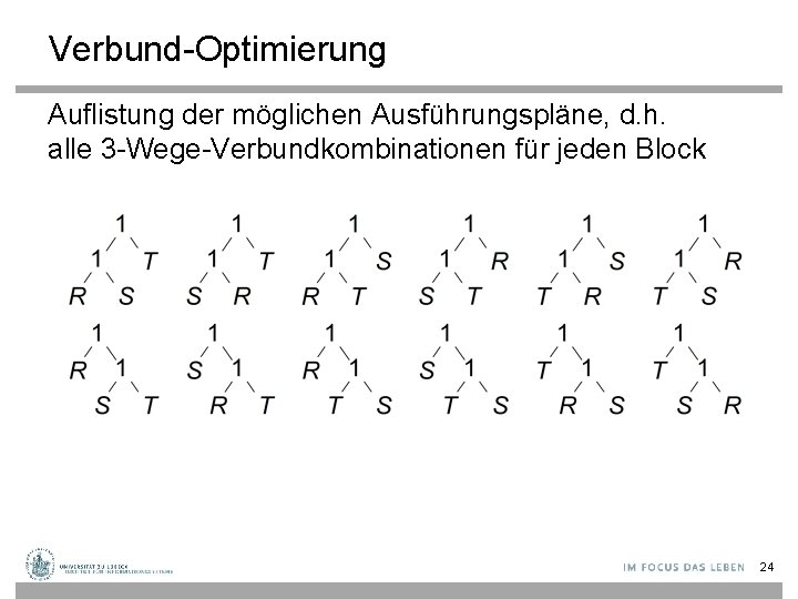 Verbund-Optimierung Auflistung der möglichen Ausführungspläne, d. h. alle 3 -Wege-Verbundkombinationen für jeden Block 24