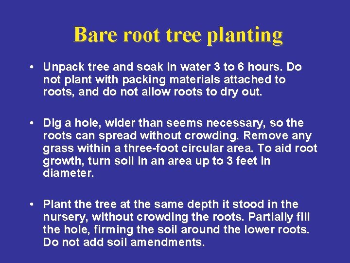 Bare root tree planting • Unpack tree and soak in water 3 to 6