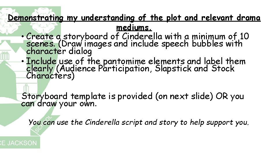 Demonstrating my understanding of the plot and relevant drama mediums. • Create a storyboard