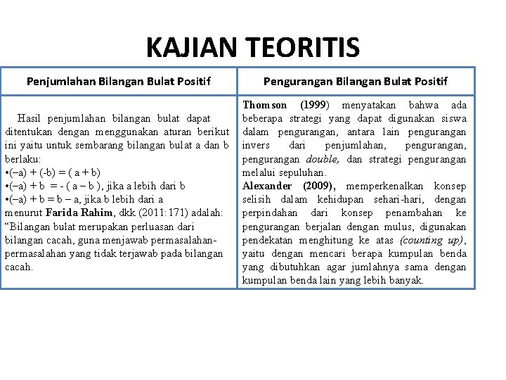 KAJIAN TEORITIS Penjumlahan Bilangan Bulat Positif Pengurangan Bilangan Bulat Positif Hasil penjumlahan bilangan bulat