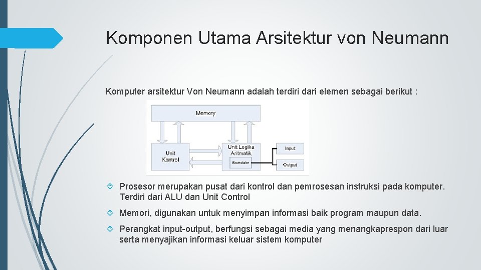 Komponen Utama Arsitektur von Neumann Komputer arsitektur Von Neumann adalah terdiri dari elemen sebagai