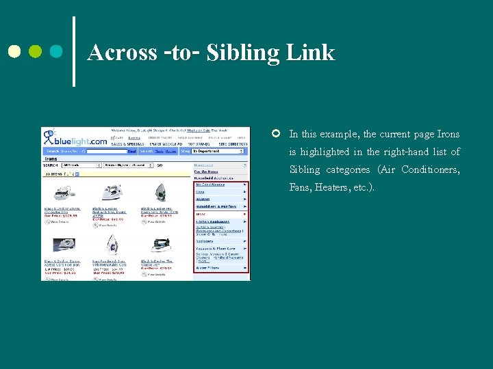 Across -to- Sibling Link ¢ In this example, the current page Irons is highlighted