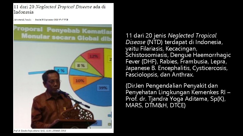 11 dari 20 jenis Neglected Tropical Disease (NTD) terdapat di Indonesia, yaitu Filariasis, Kecacingan,