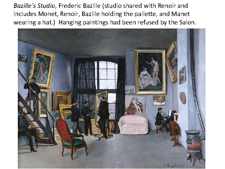 Bazille’s Studio, Frederic Bazille (studio shared with Renoir and includes Monet, Renoir, Bazille holding