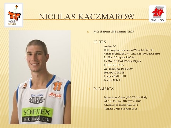 NICOLAS KACZMAROW � Né le 18 février 1983 à Amiens. 2 m 03 CLUBS