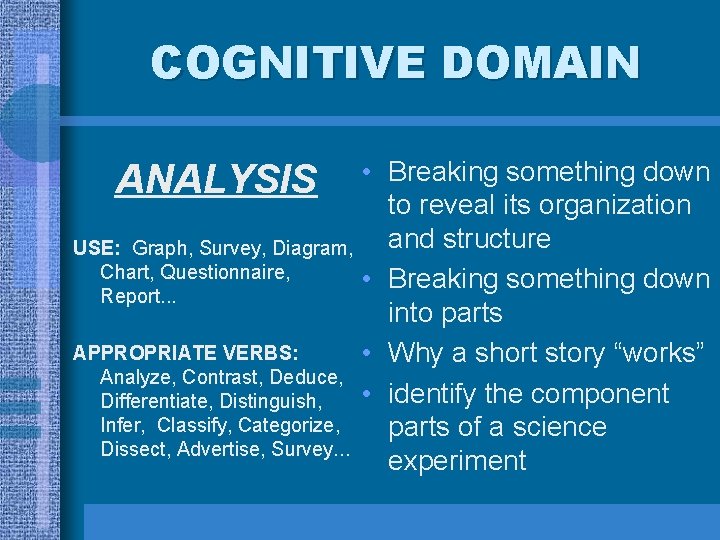 COGNITIVE DOMAIN • Breaking something down to reveal its organization and structure USE: Graph, COGNITIVE DOMAIN • Breaking something down to reveal its organization and structure USE: Graph,