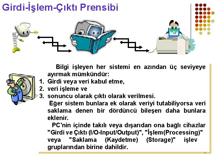 Girdi-İşlem-Çıktı Prensibi Bilgi işleyen her sistemi en azından üç seviyeye ayırmak mümkündür: 1. Girdi