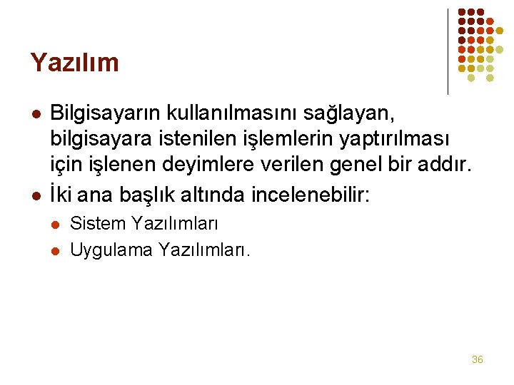 Yazılım l l Bilgisayarın kullanılmasını sağlayan, bilgisayara istenilen işlemlerin yaptırılması için işlenen deyimlere verilen