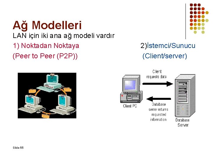 Ağ Modelleri LAN için iki ana ağ modeli vardır 1) Noktadan Noktaya (Peer to