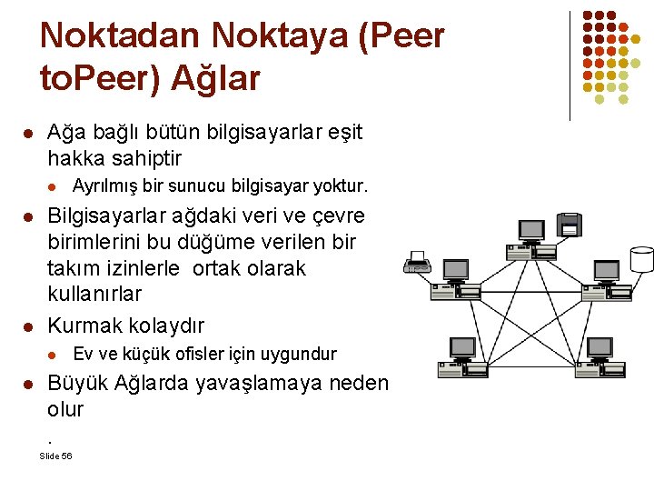 Noktadan Noktaya (Peer to. Peer) Ağlar l Ağa bağlı bütün bilgisayarlar eşit hakka sahiptir