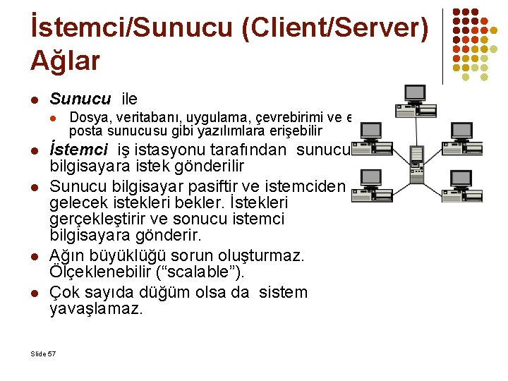 İstemci/Sunucu (Client/Server) Ağlar l Sunucu ile l l l Dosya, veritabanı, uygulama, çevrebirimi ve