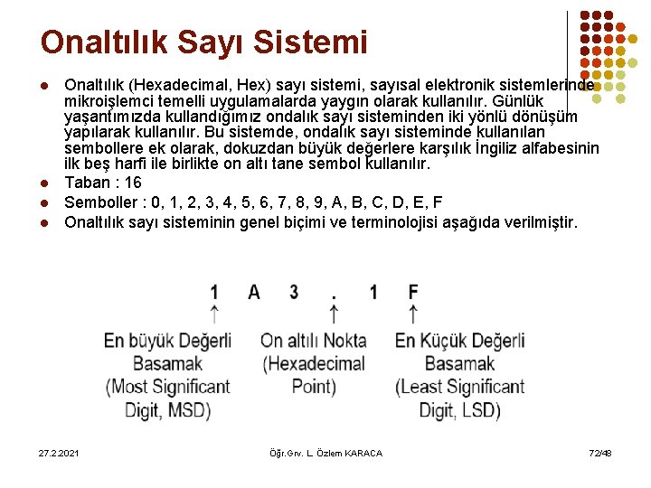 Onaltılık Sayı Sistemi l l Onaltılık (Hexadecimal, Hex) sayı sistemi, sayısal elektronik sistemlerinde mikroişlemci