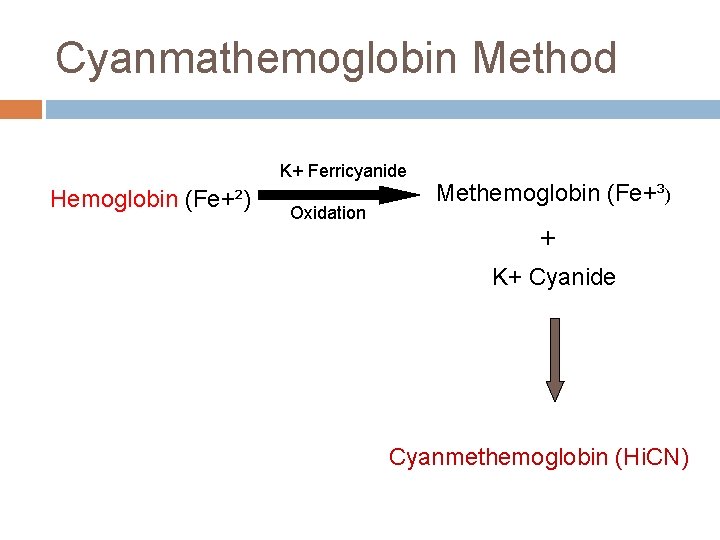 Cyanmathemoglobin Method K+ Ferricyanide Hemoglobin (Fe+²) Oxidation Methemoglobin (Fe+³) + K+ Cyanide Cyanmethemoglobin (Hi.