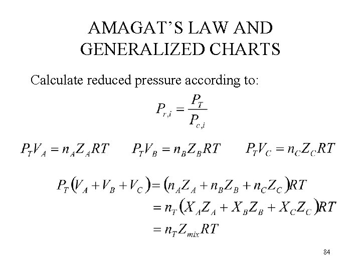 AMAGAT’S LAW AND GENERALIZED CHARTS Calculate reduced pressure according to: 84 