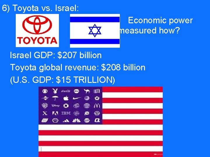 6) Toyota vs. Israel: Economic power measured how? Israel GDP: $207 billion Toyota global
