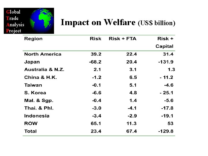 Global Trade Analysis Project Impact on Welfare (US$ billion) 