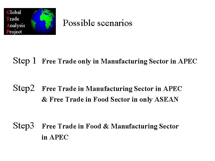 Global Trade Analysis Project Possible scenarios Step 1 Free Trade only in Manufacturing Sector