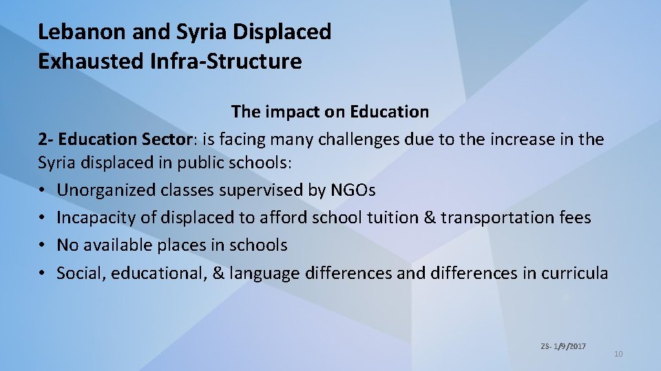 Lebanon and Syria Displaced Exhausted Infra-Structure The impact on Education 2 - Education Sector: