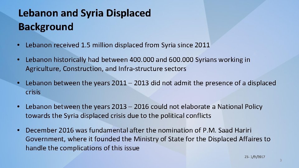 Lebanon and Syria Displaced Background • Lebanon received 1. 5 million displaced from Syria