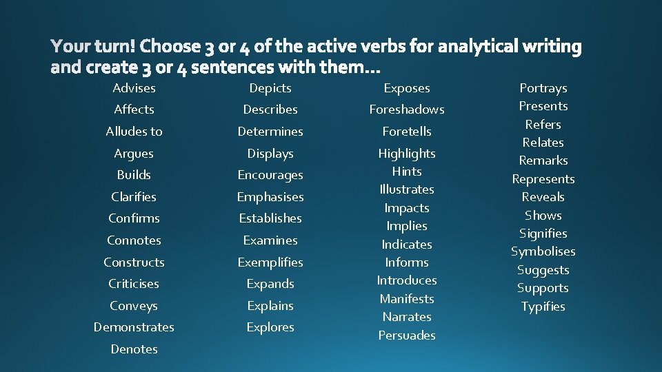 Advises Depicts Exposes Affects Describes Foreshadows Alludes to Determines Foretells Argues Displays Builds Encourages