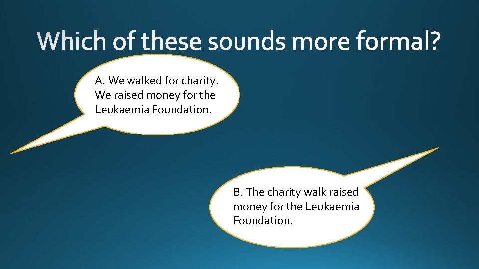 A. We walked for charity. We raised money for the Leukaemia Foundation. B. The