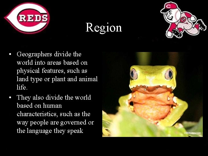 Region • Geographers divide the world into areas based on physical features, such as