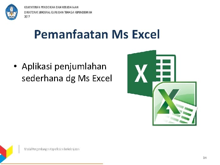 Pemanfaatan Ms Excel • Aplikasi penjumlahan sederhana dg Ms Excel 21 