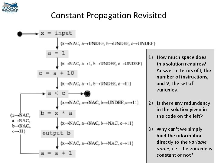 Constant Propagation Revisited 1) How much space does this solution requires? Answer in terms