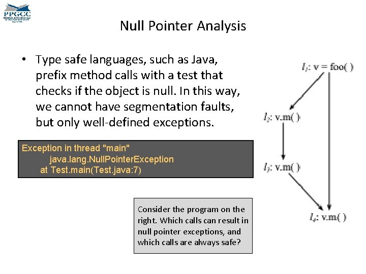 Null Pointer Analysis • Type safe languages, such as Java, prefix method calls with