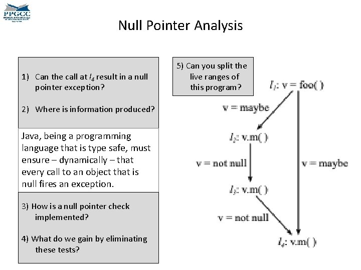 Null Pointer Analysis 1) Can the call at l 4 result in a null