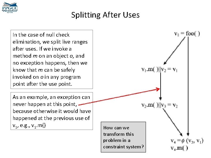 Splitting After Uses In the case of null check elimination, we split live ranges