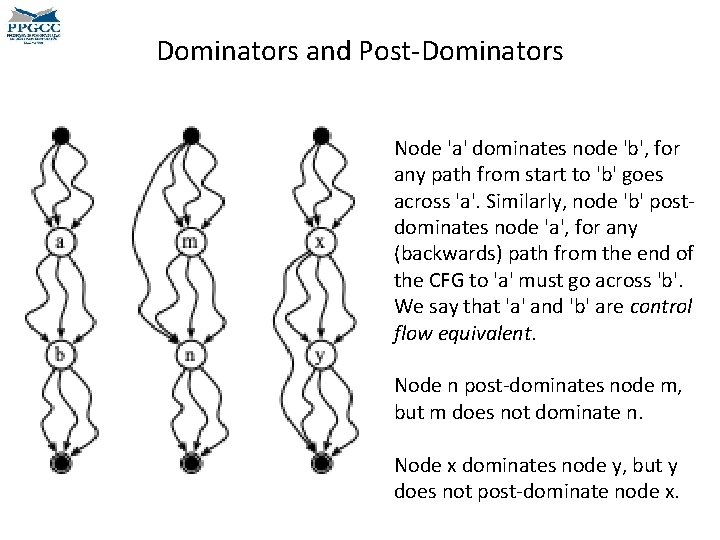 Dominators and Post-Dominators Node 'a' dominates node 'b', for any path from start to