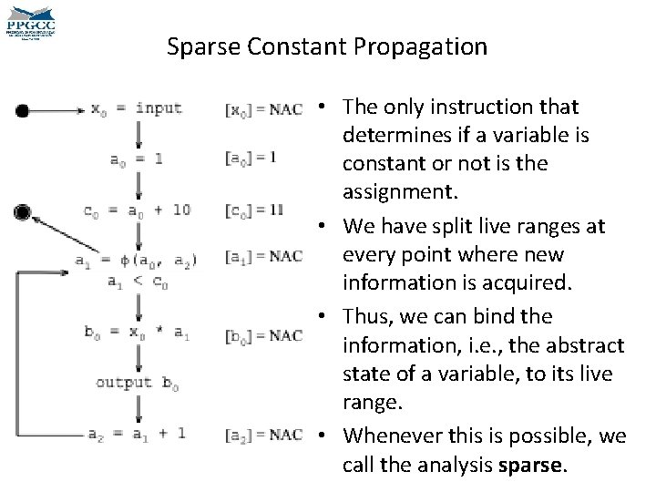 Sparse Constant Propagation • The only instruction that determines if a variable is constant